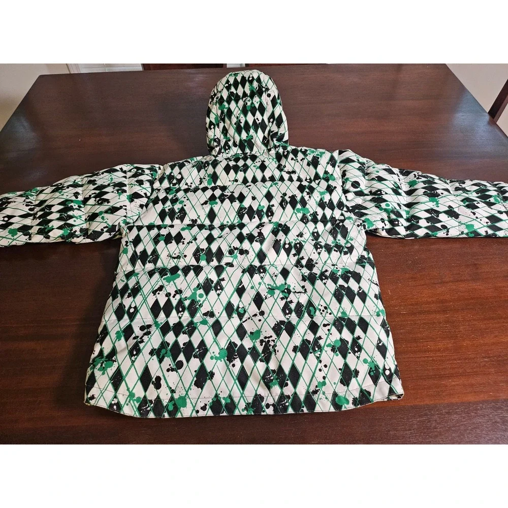 CastleX Snow Jacket Girl M Green White Black Argyle Splatter Hooded Puffer